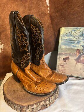 Circle G Men’s 10.5D Genuine Ostrich Leather Cowboy Boots Black Tan Square Toe